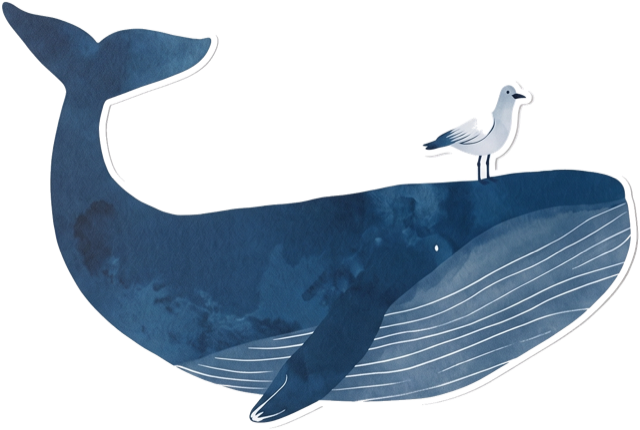 A whale with a seagull perched on its back